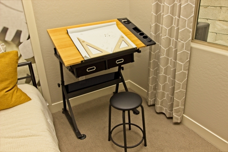 Compact Drafting Table Set with Round Stool and Side Organizer Tray