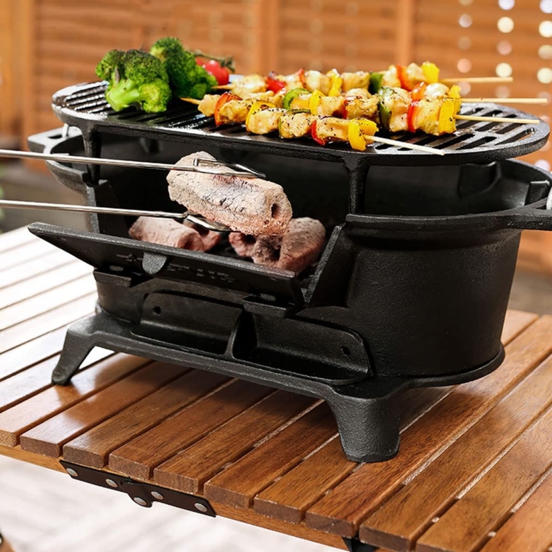 Compact Hibachi Grill Heavy Cast Iron Slatted Grate Fuel Door