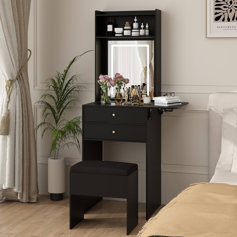 Compact Vanity Desk with Fold-Up Panel & LED Lighted Mirror