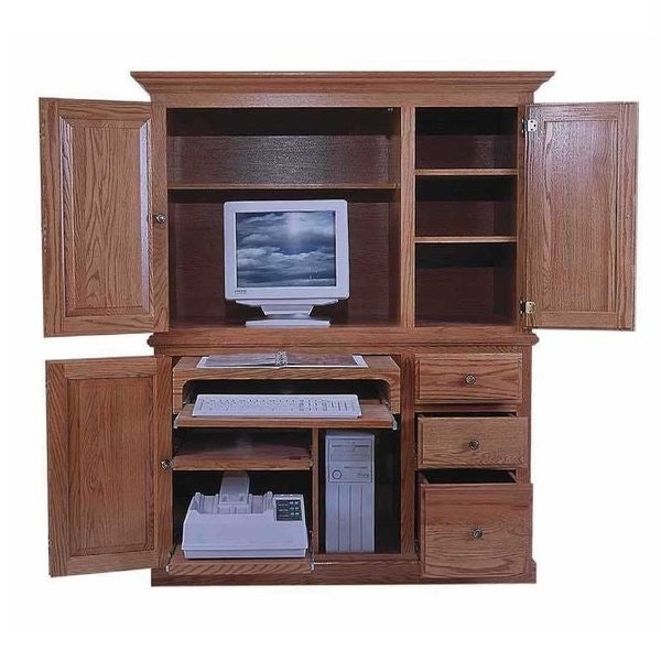 Computer Armoire with Pull-Out Printer Shelf in Honey Brown Wood