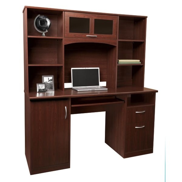 Computer Desk with Overhead Hutch and Glass Door Cabinets