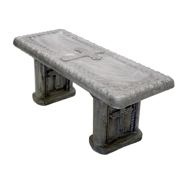 Concrete Garden Bench Cross Motif Weathered Stone Pedestal Legs