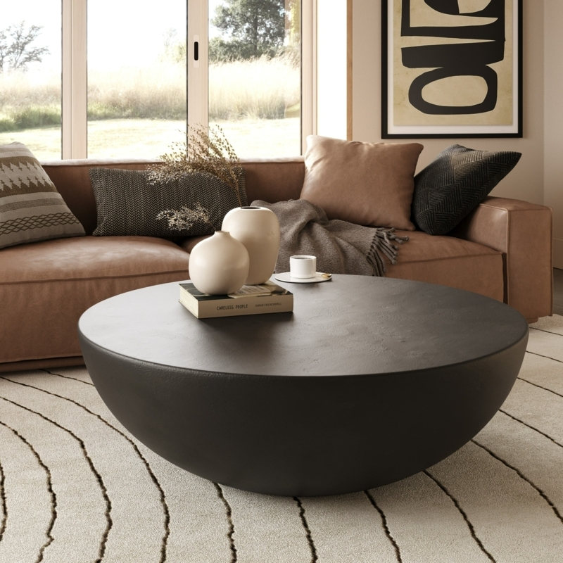 Concrete-Like Bowl Coffee Table Matte Black Sculptural Modern Minimalist