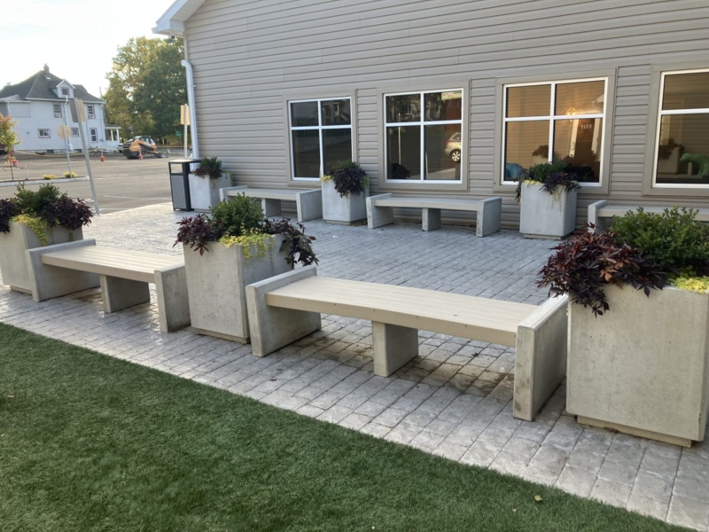Concrete Park Bench Wood Slats Integrated Planters Industrial