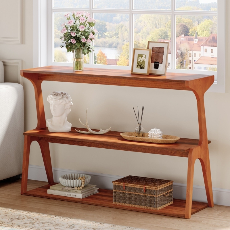 Console Table Arched Legs Three Tier Walnut Brown Mid Century Modern