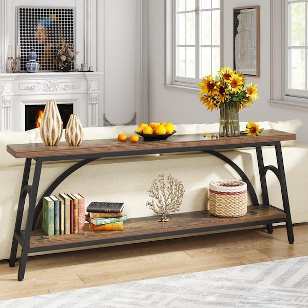 Console Table Arched Metal Supports Rustic Brown Two Tier Extra Long