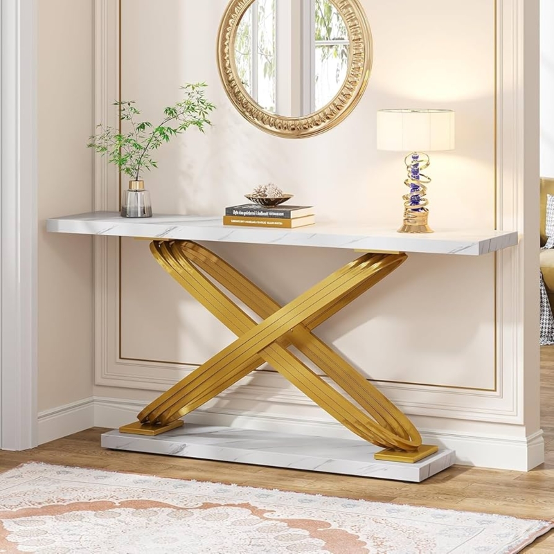 Console Table Architectural X-Frame Gold Marble Pattern