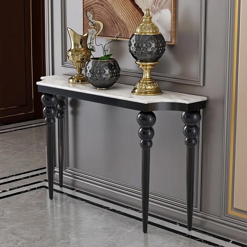 Console Table Black Bobbin Legs Slim Profile Veined Stone
