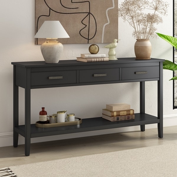 Console Table Contemporary Matte Black Iron Pulls Open Shelf