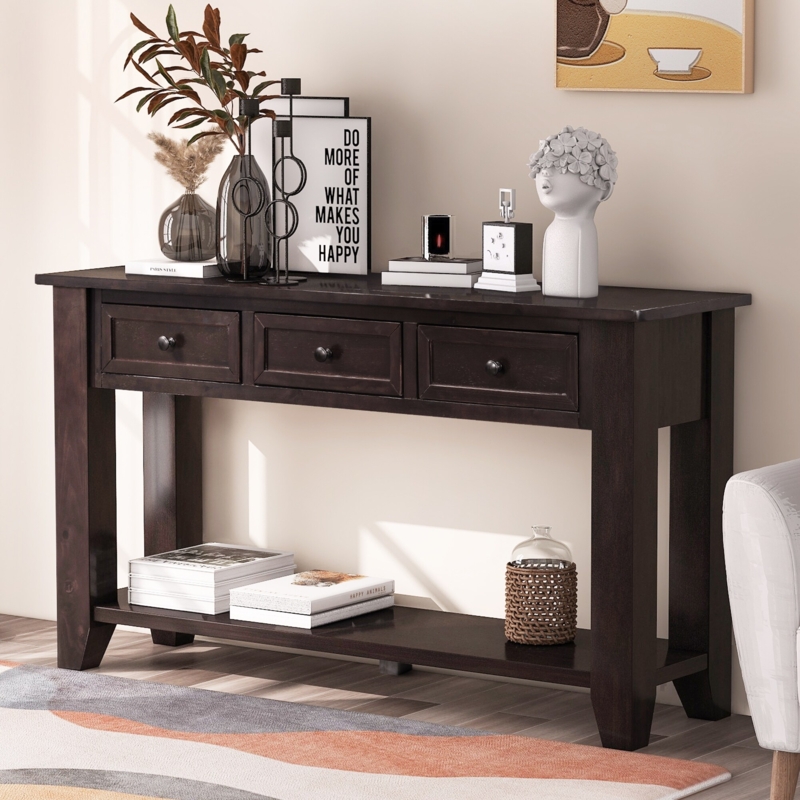 Console Table Dark Espresso Finish Three Drawers Open Lower Shelf