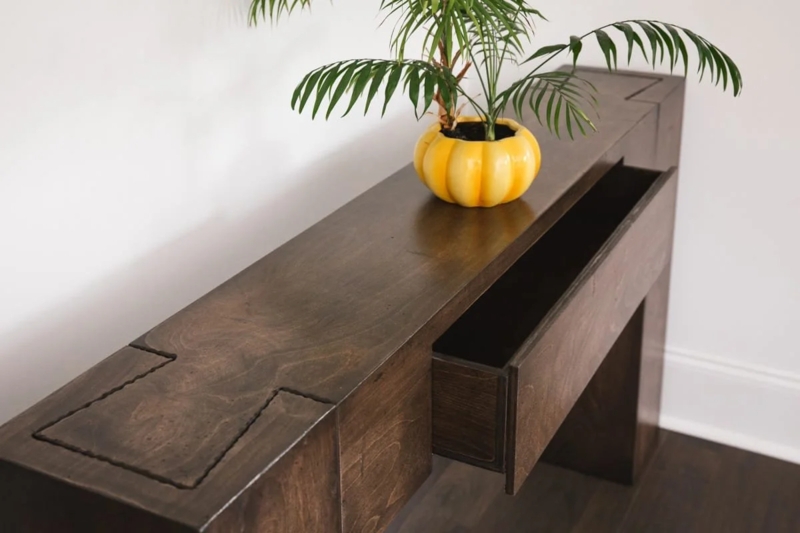 Console Table Dark Wood Interlocking Joints Hidden Drawer Minimalist