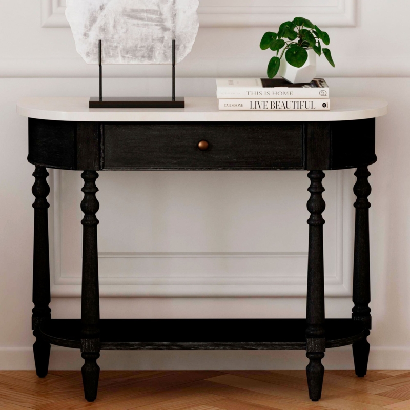 Console Table Demilune Antique Black Turned Legs Stone Top