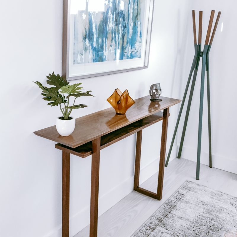 Console Table Double Layer Top Walnut Brown Narrow Japanese Style