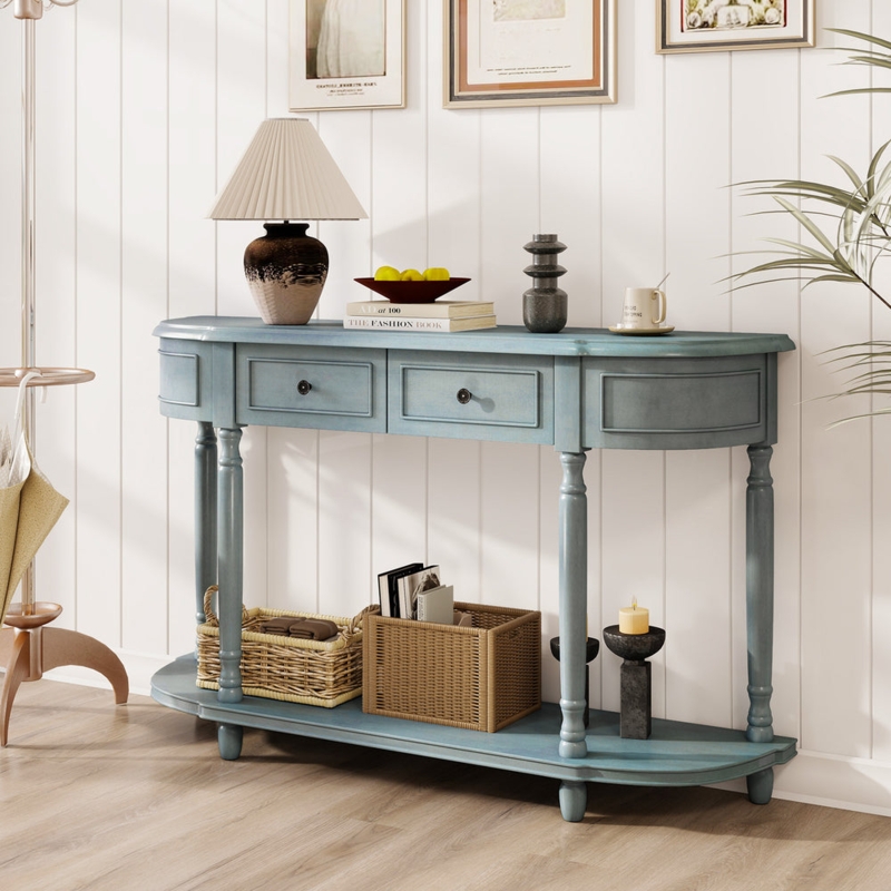 Console Table Dusty Blue Finish Turned Legs Two Drawers Curved Ends