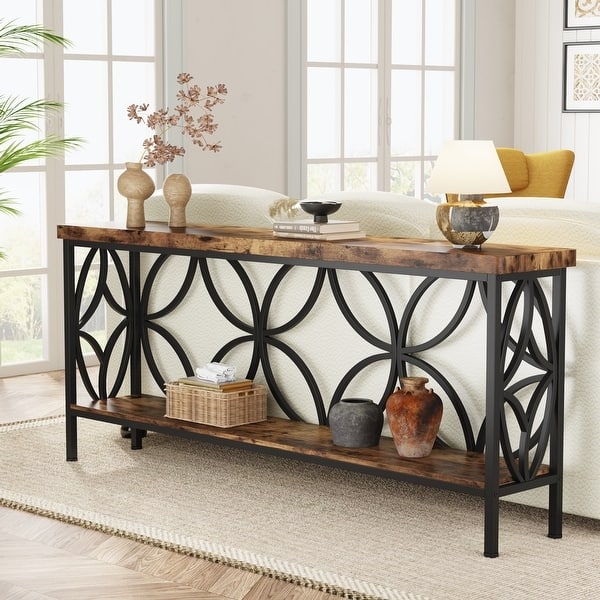 Console Table Extra Long Geometric Pattern Matte Black Metal Walnut Wood