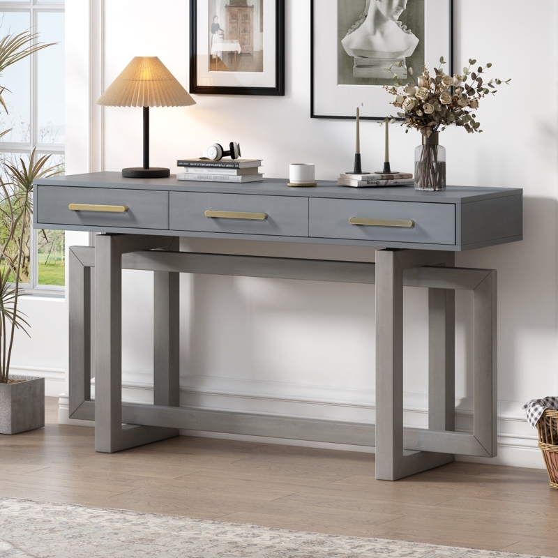 Console Table Geometric Base Antique Gray Finish Three Drawers