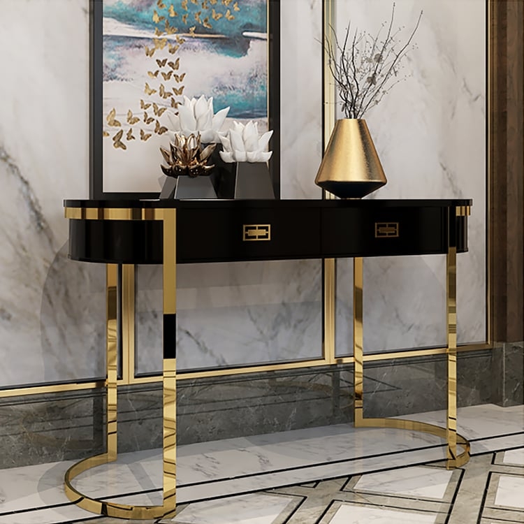 Console Table Glossy Black Gold Sled Base Semi Circular Feet
