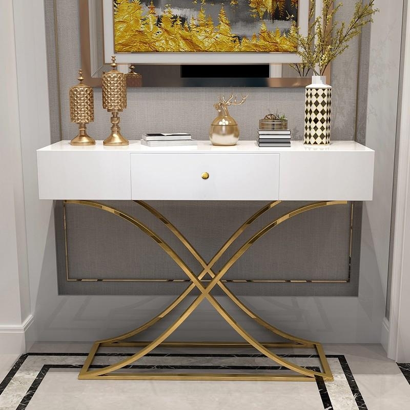 Console Table Glossy White Gold X-Frame Base Single Drawer Slim