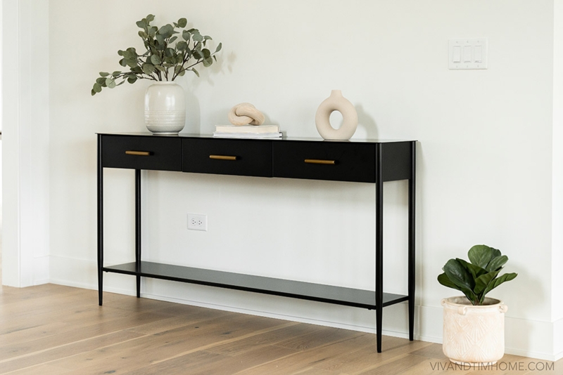 Console Table Gold Bar Pulls Matte Black Three Drawers Minimalist