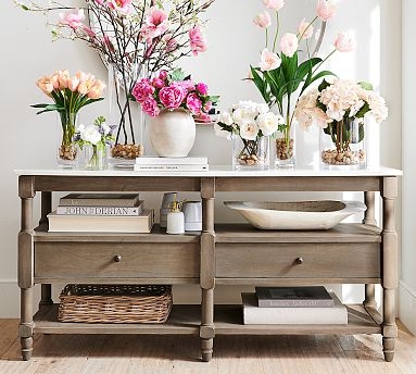Console Table Gray Wash Wood Turned Legs Three-Tier Marble
