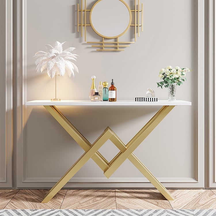 Console Table Interlocking Diamond Base Gold Finish Geometric Entryway