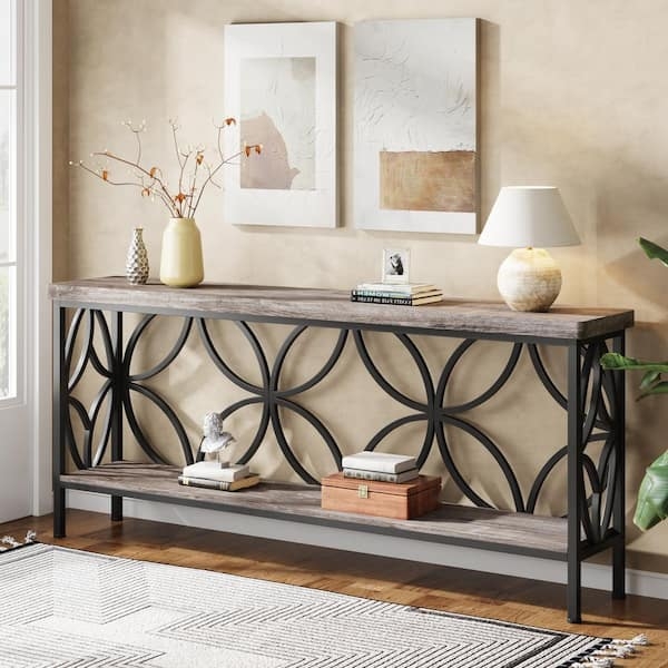 Console Table Intersecting Circles Geometric Metal Weathered Gray Long