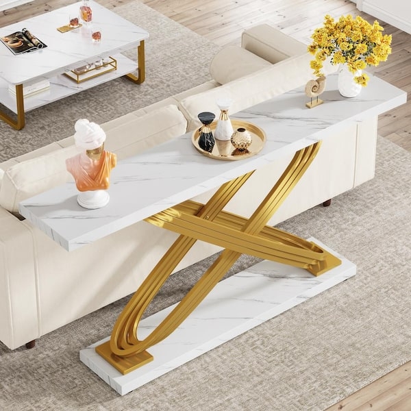 Console Table Looped Gold Sculptural Base White Marble