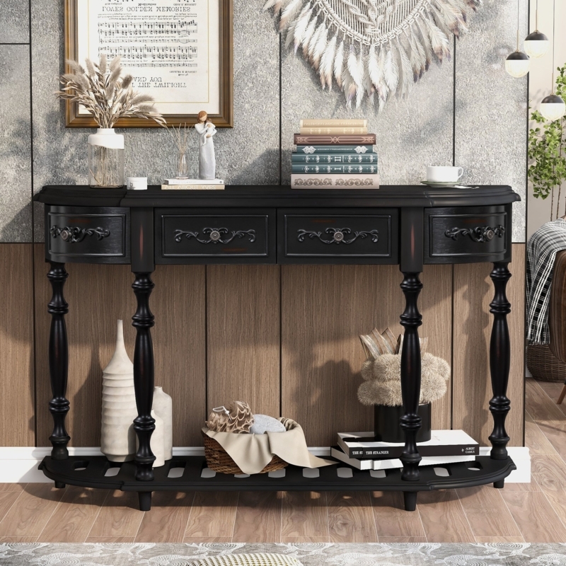 Console Table Matte Black Curved Front Turned Legs Slatted Shelf