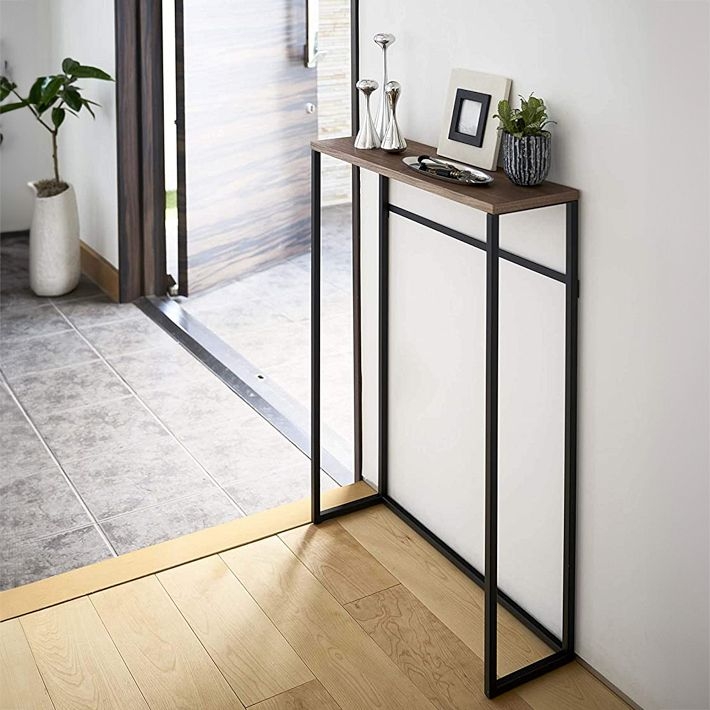 Console Table Matte Black Metal Walnut Top Slim Profile Minimalist