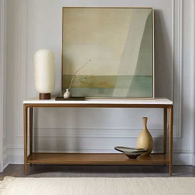 Console Table Mid-Century Walnut Rounded Corners White Stone