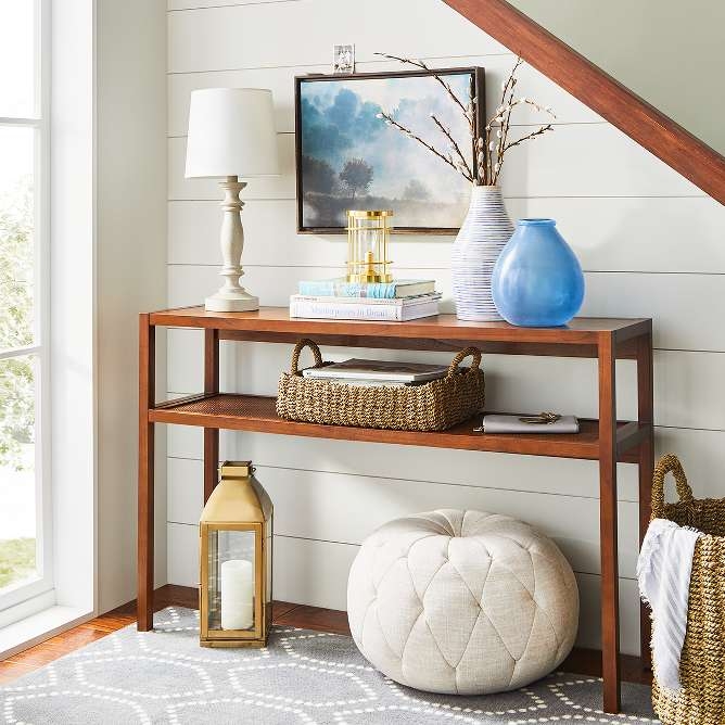Console Table Modern Farmhouse Style Walnut Wood Two Tier Open Shelf