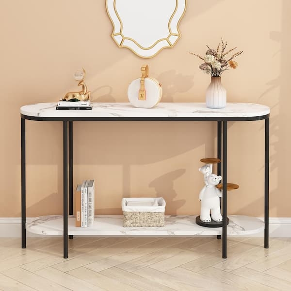 Console Table Oval Marble Grain Black Metal Two-Tier Shelf