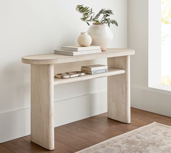 Console Table Pill Shaped Legs Whitewashed Finish Oval Top