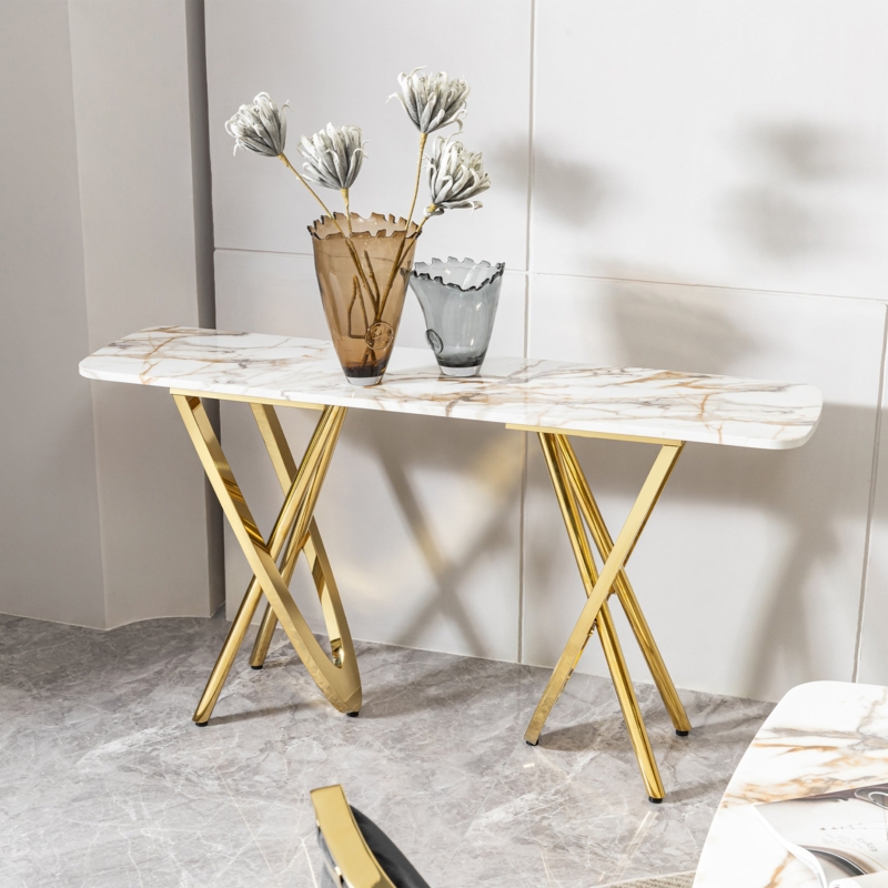 Console Table Polished Gold X-Base Marble Pattern Geometric