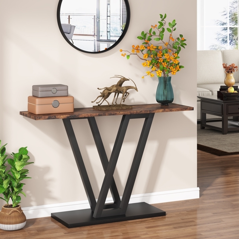 Console Table Rectangular Base Plate V-Legs Matte Black Distressed Top