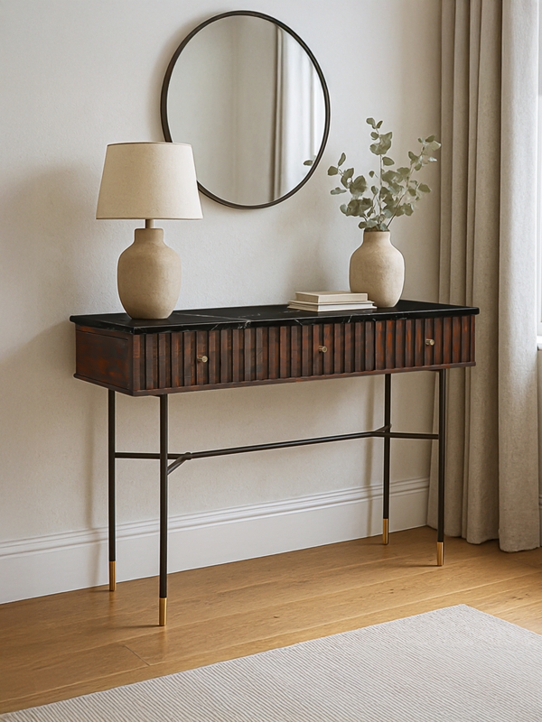 Console Table Ribbed Dark Wood Black Marble Brass Caps