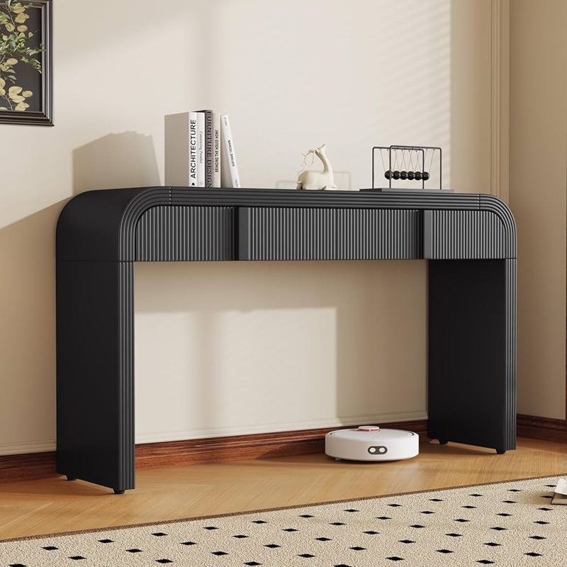 Console Table Ribbed Matte Black Waterfall Edge Three Drawers