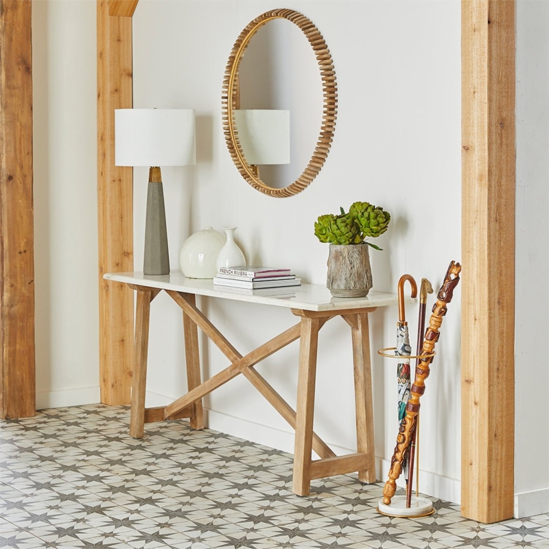 Console Table Rustic Wood X-Brace Trestle Marble Top