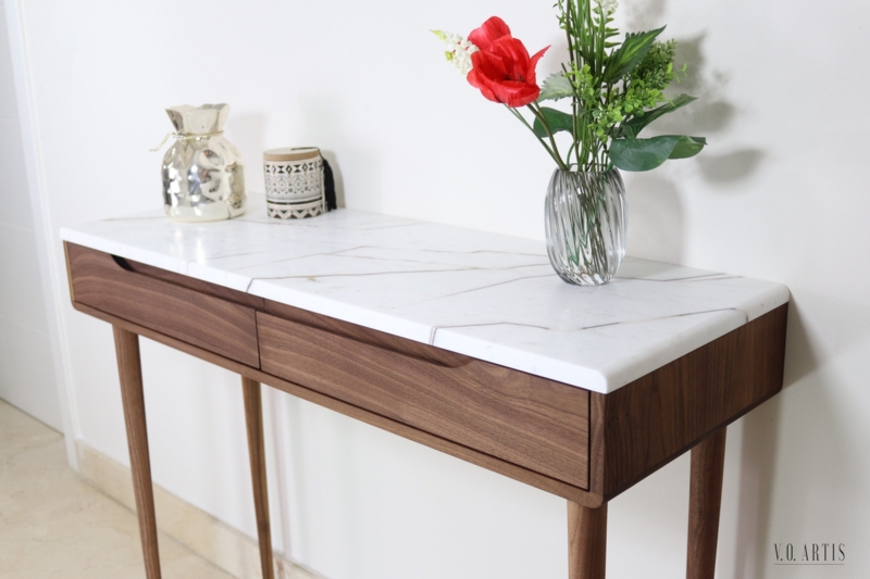 Console Table Satin Walnut Integrated Pulls Tapered Legs