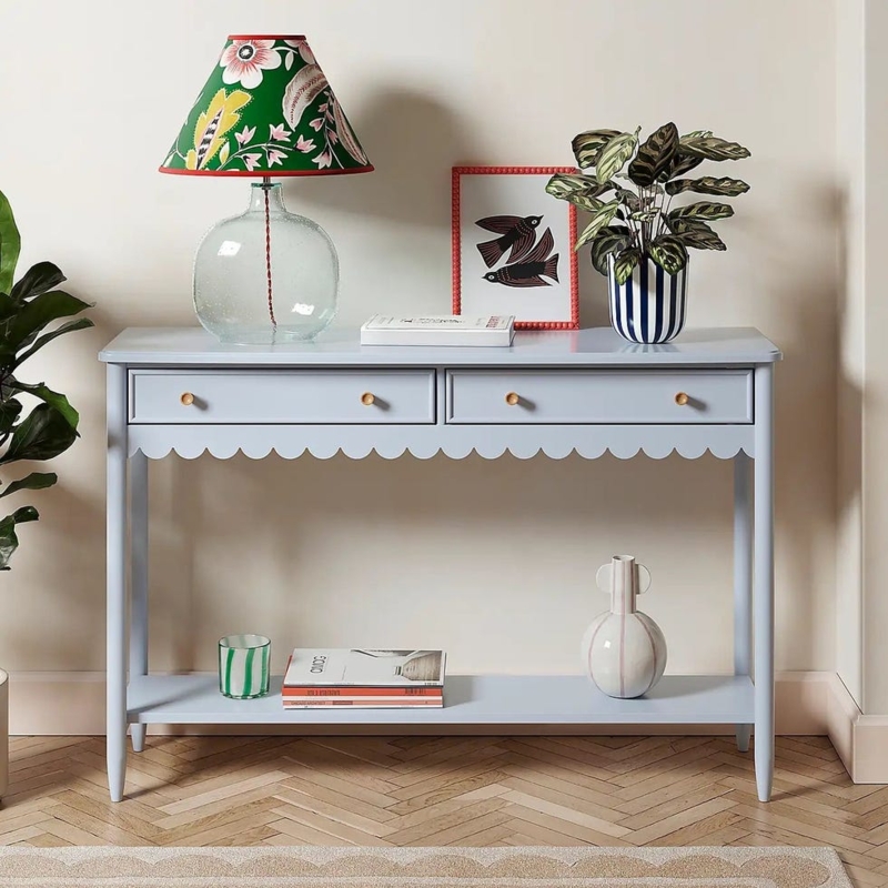 Console Table Scalloped Apron Pale Blue Paint Two Drawers Cottagecore