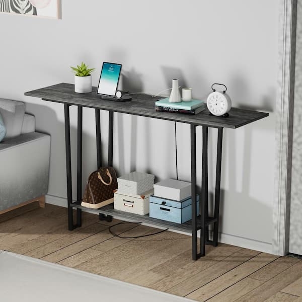 Console Table Slat Legs Charcoal Gray Wood Two Tier Matte Black Frame