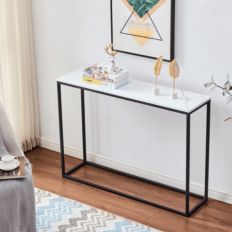 Console Table Slim Minimalist Black Metal Marble Look