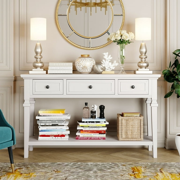 Console Table Three Drawers Creamy White Open Bottom Shelf Classic Style