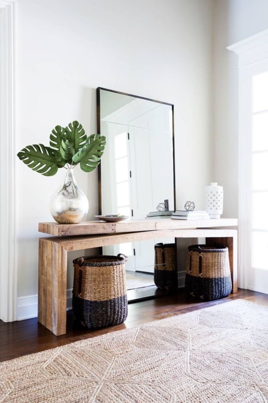 Console Table Tiered Design Offset Shelving Natural Wood Organic Style