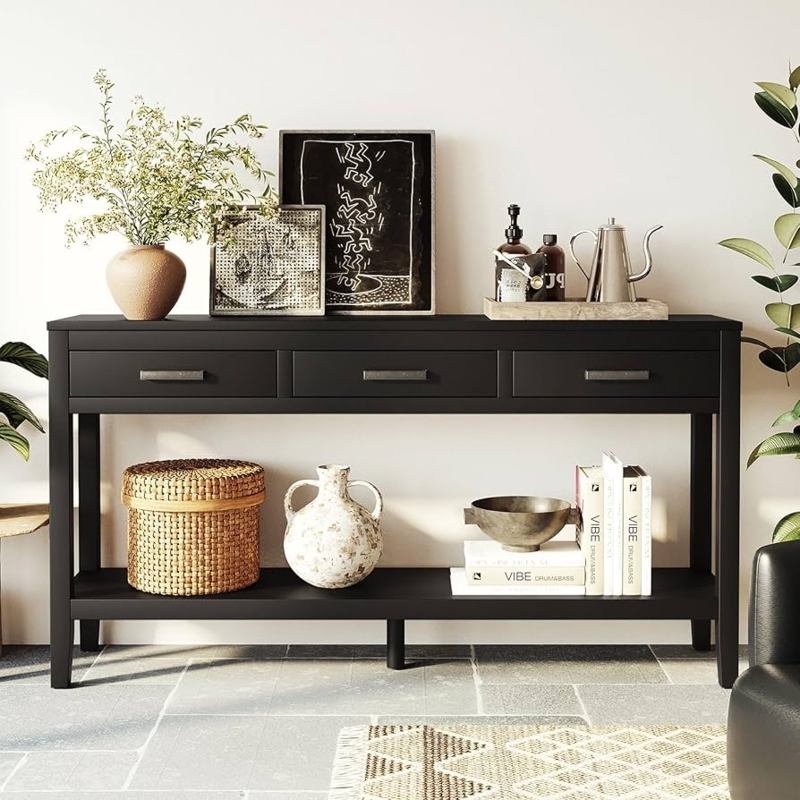 Console Table Triple Drawers Long Open Shelf Block Legs Matte Finish