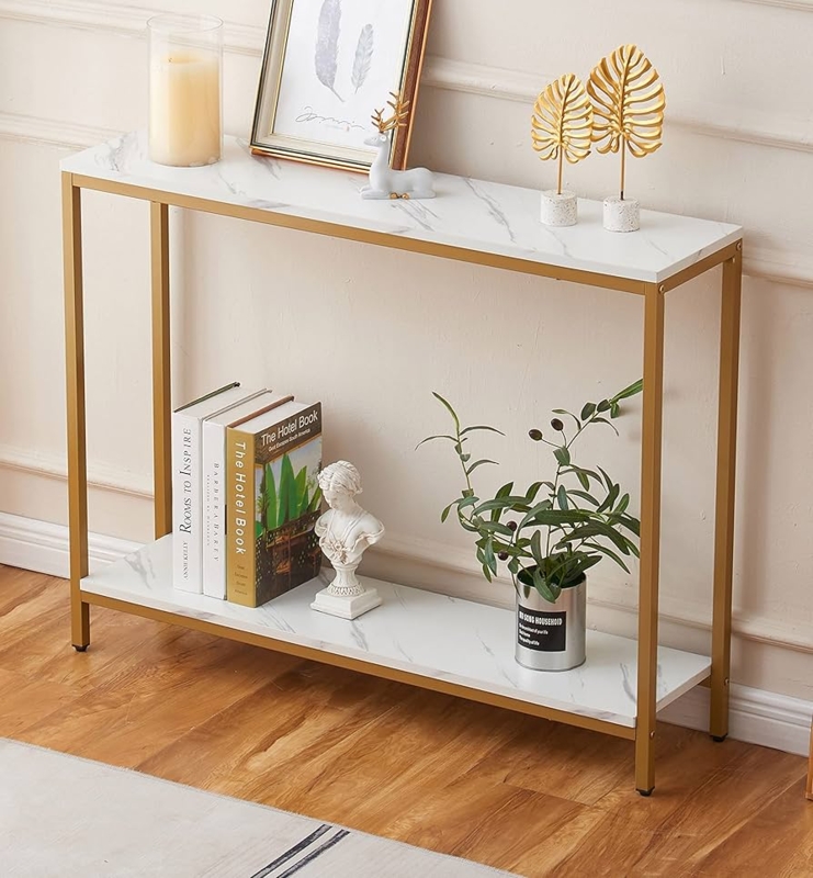 Console Table Two-Tier Gold Frame Faux Marble Glam