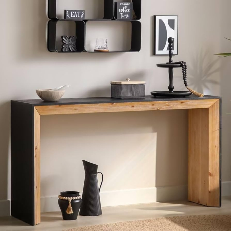 Console Table Two-Tone Design Matte Black Waterfall Edge Wood Inset