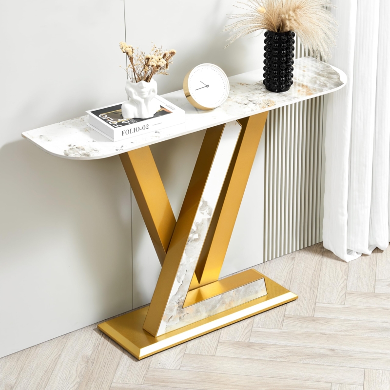Console Table V-Shaped Legs Gold Geometric Base Faux Marble Modern Glam