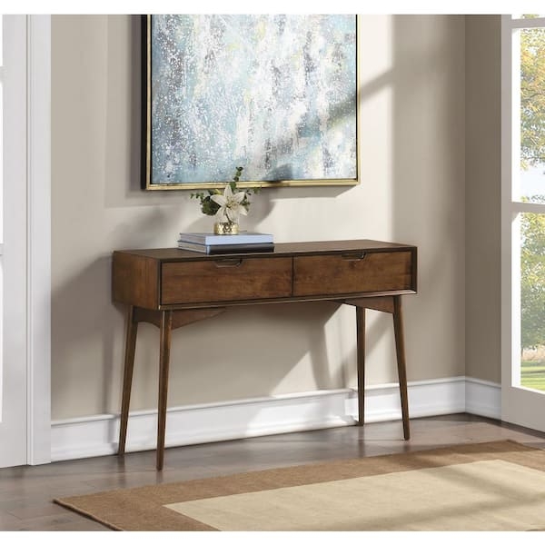Console Table Walnut Brown Tapered Legs Recessed Pulls Dual Drawers
