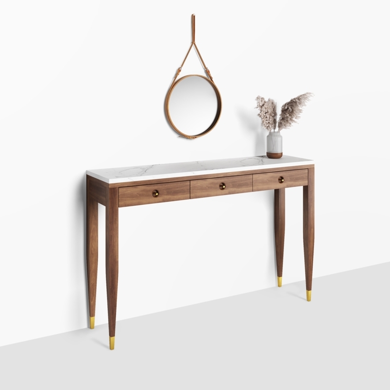 Console Table Walnut Tapered Legs Brass Capped Feet Mid-Century